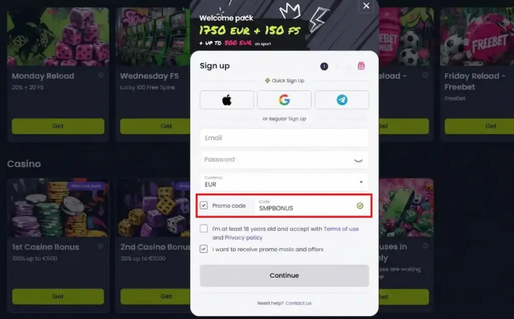Screenshot of the Starzino sign-up modal showing the "SMPBONUS" code entered in the promo code field with a green checkmark. The header highlights a "1750 EUR + 150 FS" welcome pack, and social login icons for Apple, Google, and Telegram are visible at the top.