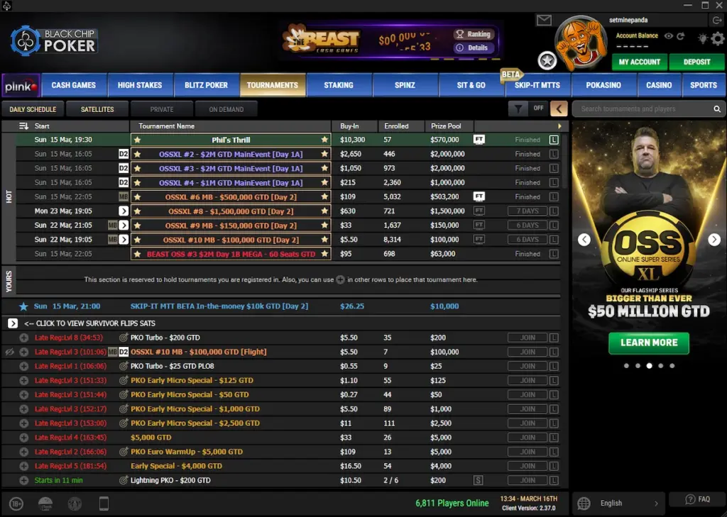 Screenshot of the Black Chip Poker tournament lobby. The interface displays a schedule of events including the OSSXL series, buy-ins, prize pools, and a side banner promoting the $50 Million GTD Online Super Series.