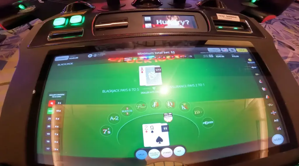 Video blackjack machine showing a digital blackjack game