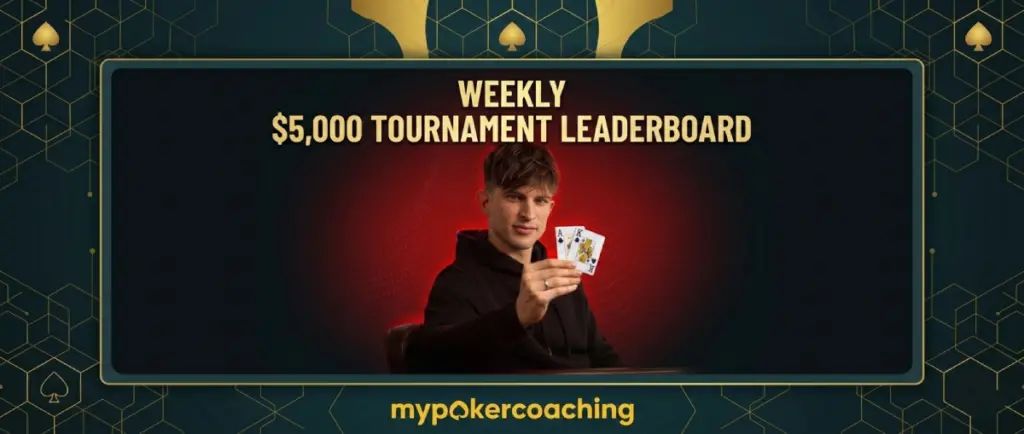 Promotional graphic for CoinPoker's Weekly $5,000 Tournament Leaderboard featuring a man in a black hoodie holding Ace-King of spades against a red and dark background.