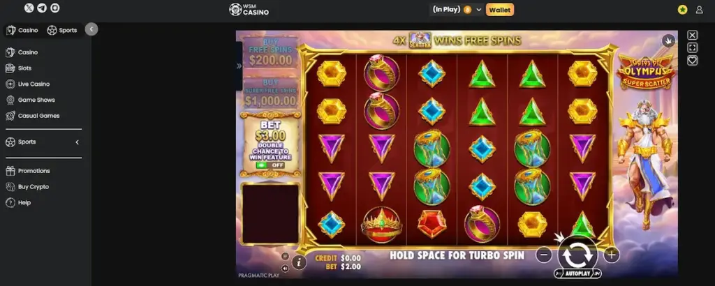Professional screenshot of the Gates of Olympus slot game on WSM Casino. Features a 6x5 grid with colorful gems, gold rings, and hourglasses. The Greek god Zeus is standing on the right side of the screen next to the "Buy Free Spins" menu.