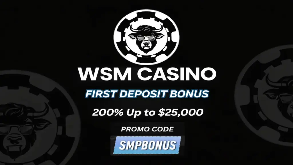 Promotional banner for Black Chip Poker highlighting a 100% deposit bonus up to $2,000, along with the specific bonus code SMPBONUS, set against a dark blue patterned background.
