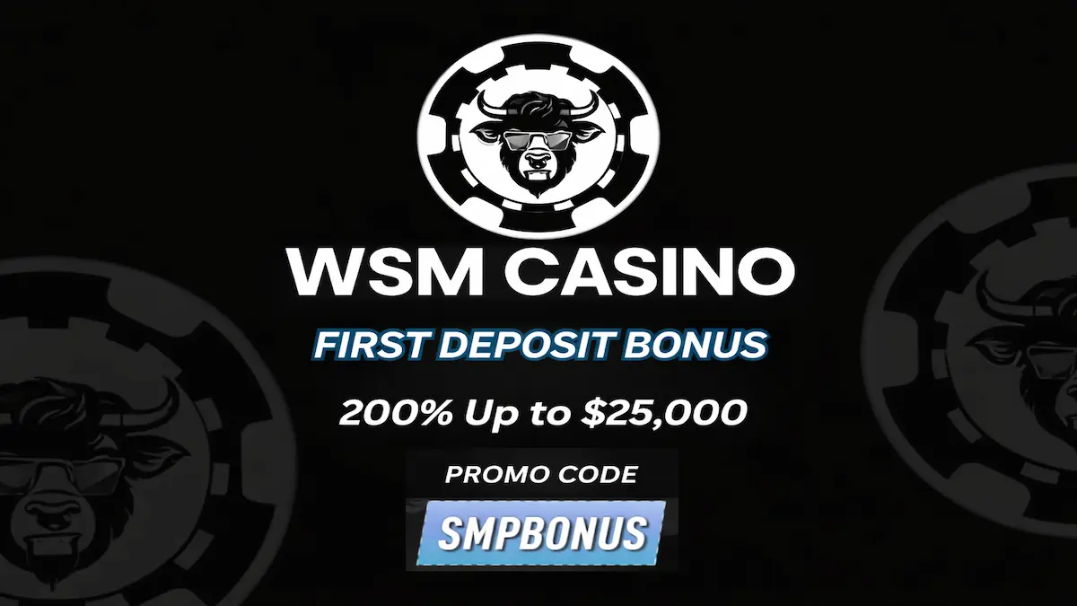 Promotional banner for Black Chip Poker highlighting a 100% deposit bonus up to $2,000, along with the specific bonus code SMPBONUS, set against a dark blue patterned background.