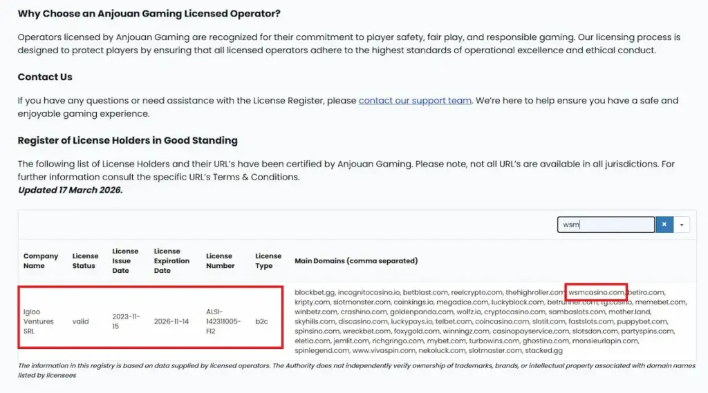 Screenshot of the official Anjouan Gaming license registry table, with a red highlight box around the "https://www.google.com/search?q=wsmcasino.com" domain and the corresponding entry for Igloo Ventures SRL, license ALSI-142311005-FI2.