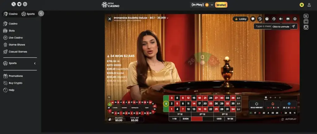 Screenshot of the WSM Casino live dealer interface featuring Immersive Roulette Deluxe. A professional dealer in a gold outfit sits behind the roulette wheel, with the betting grid and live winners' statistics displayed on the screen.