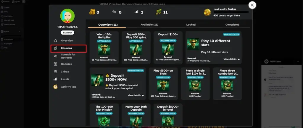 Screenshot of the WSM Casino "Missions" dashboard with a red highlight box around the Missions tab in the sidebar. The main area displays various challenge cards like "Win a 150x Multiplier" and "Deposit $50+, Play 300 spins" with free spin rewards.