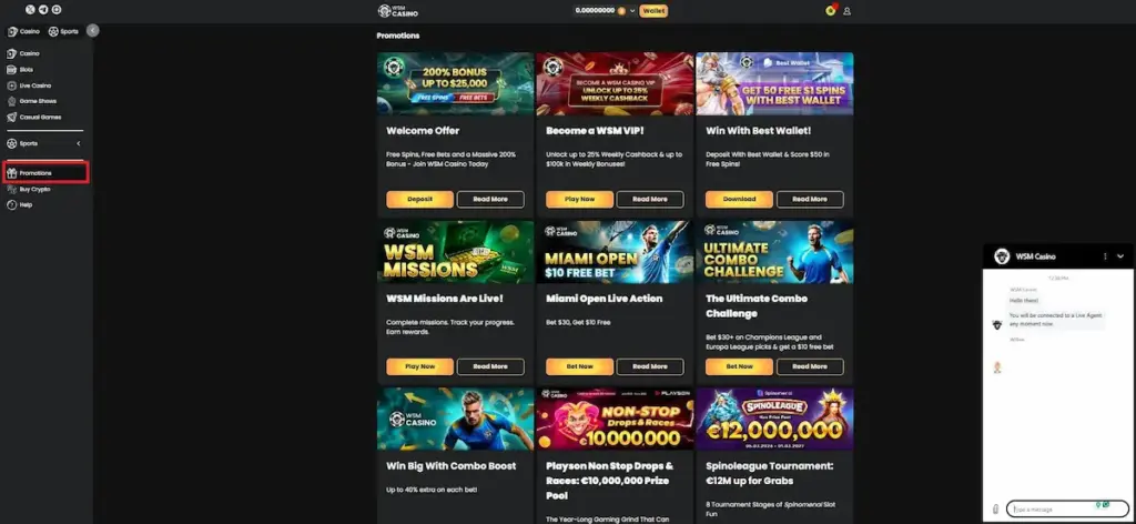 Screenshot of the WSM Casino promotions dashboard with a red highlight box around the "Promotions" menu item in the left sidebar. The main panel displays various active bonus tiles including a 200% Welcome Offer, VIP program, and tournament banners.