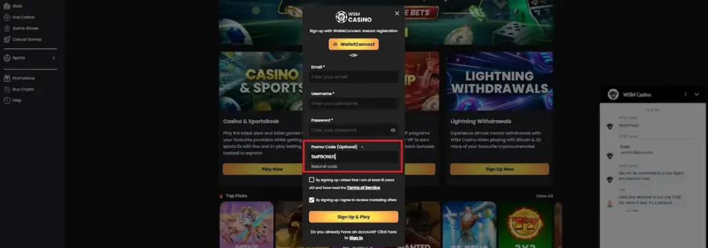 Screenshot of the WSM Casino registration modal with a red highlight box around the "Promo Code (Optional)" field where "SMPBONUS" is entered. The background features social login options and the "Sign Up & Play" button.