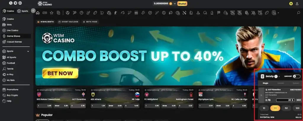 Screenshot of the WSM Casino sportsbook interface with a red highlight box around the Betslip on the right. The main banner advertises a "Combo Boost up to 40%". The betslip shows an active selection for ACF Fiorentina with an "Early Payout" tag.