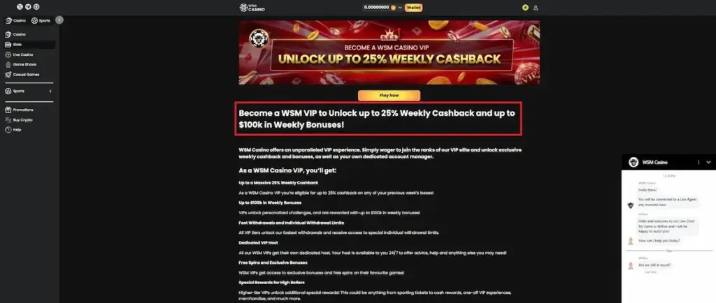Screenshot of the Wall St Memes (WSM) Casino VIP program page with a red highlight box around the main heading: "Become a WSM VIP to Unlock up to 25% Weekly Cashback and up to $100k in Weekly Bonuses!".