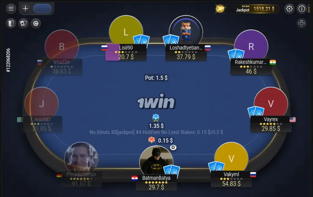 Screenshot of an active 1Win Poker cash game table on desktop, showing a blue felt table, players with custom pop-culture avatars, country flags, and a Bad Beat Jackpot ticker.