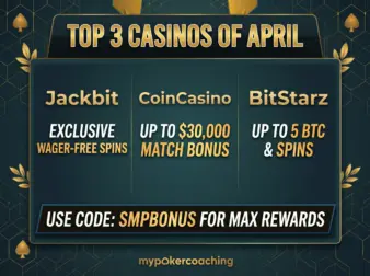 Top 3 crypto casinos of April 2026: Jackbit, CoinCasino, and BitStarz offering exclusive Bitcoin bonuses and wager-free spins with the SMPBONUS promo code.