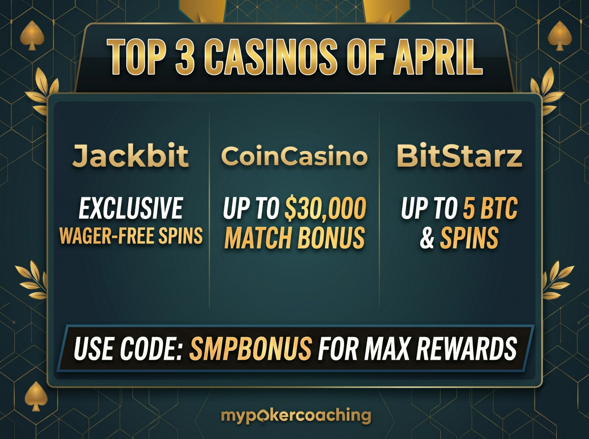 Top 3 crypto casinos of April 2026: Jackbit, CoinCasino, and BitStarz offering exclusive Bitcoin bonuses and wager-free spins with the SMPBONUS promo code.