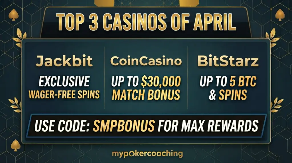 Top 3 crypto casinos of April 2026: Jackbit, CoinCasino, and BitStarz offering exclusive Bitcoin bonuses and wager-free spins with the SMPBONUS promo code.