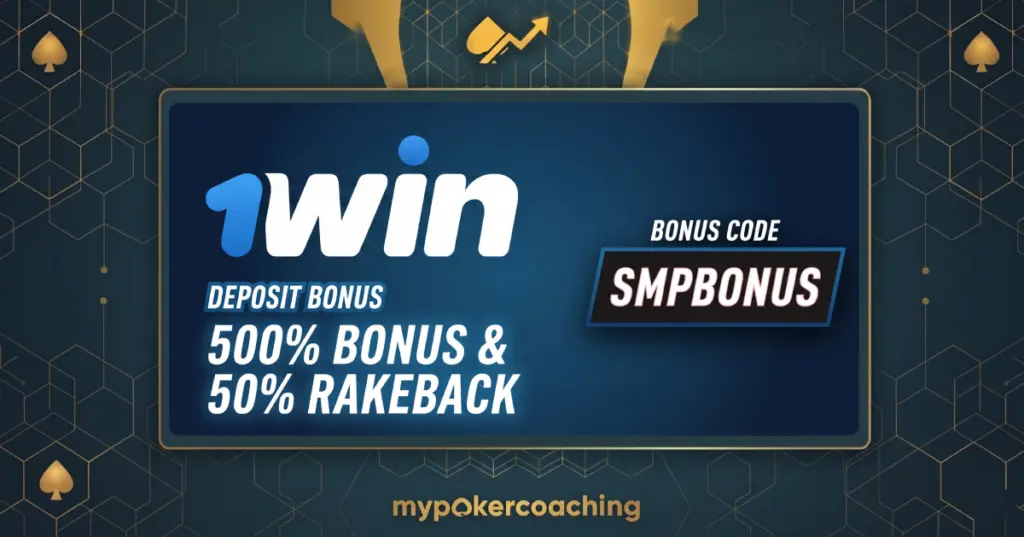 Promotional banner for 1Win Poker highlighting a massive 500% deposit bonus and 50% rakeback with the bonus code SMPBONUS, set against a dark blue and gold geometric background.