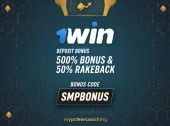 Promotional banner for 1Win Poker highlighting a massive 500% deposit bonus and 50% rakeback with the bonus code SMPBONUS, set against a dark blue and gold geometric background.