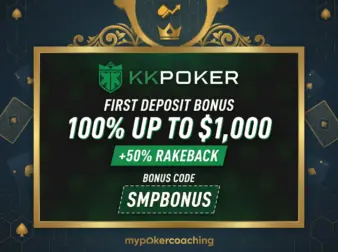 Promotional banner for KKPoker featuring a 100% first deposit bonus up to $1,000, an additional 50% rakeback offer, and the bonus code SMPBONUS, framed in a premium dark and gold design.