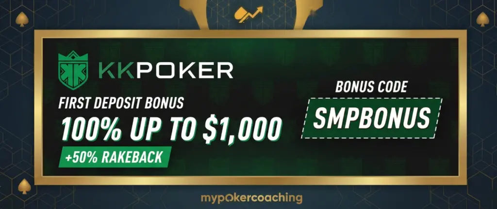 Promotional banner for KKPoker featuring a 100% first deposit bonus up to $1,000, an additional 50% rakeback offer, and the bonus code SMPBONUS, framed in a premium dark and gold design.