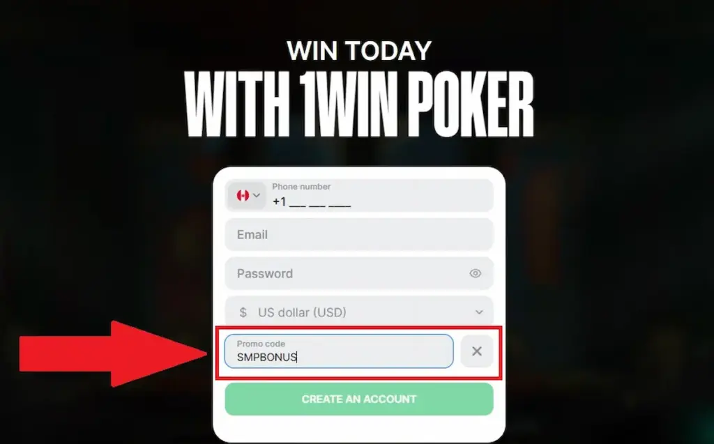 Screenshot of the 1Win Poker account registration form. A large red arrow points directly to the highlighted promo code field where 'SMPBONUS' is entered.