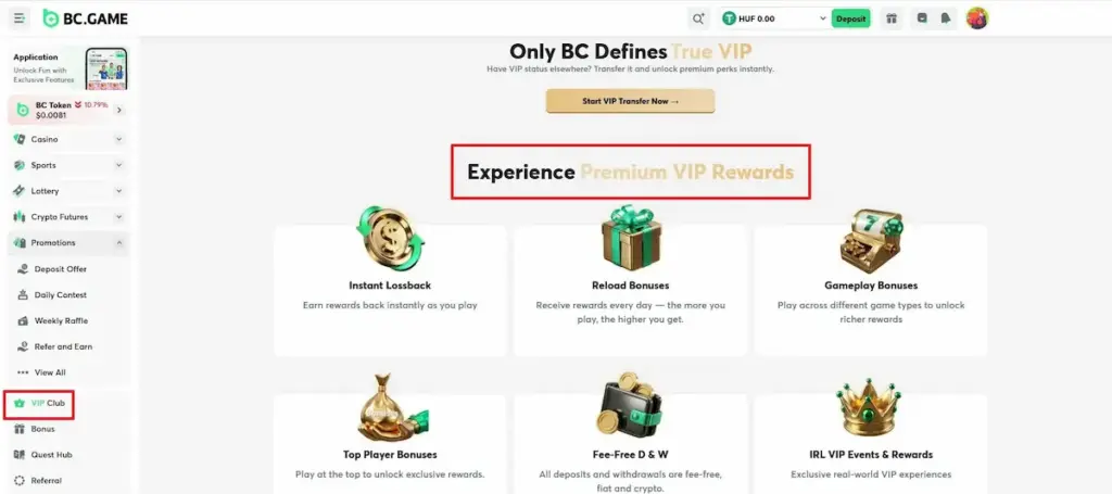 BC Game VIP rewards dashboard showing Instant Lossback, Reload Bonuses, and the VIP Transfer feature verified in 2026