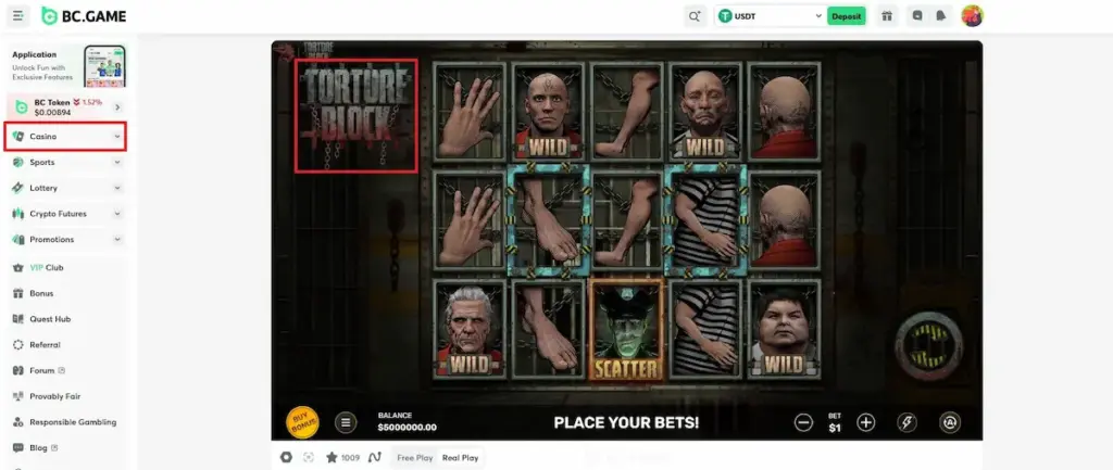BC Game casino slot interface showing the Torture Block game in real play mode with a verified balance, documented during our 2026 review.