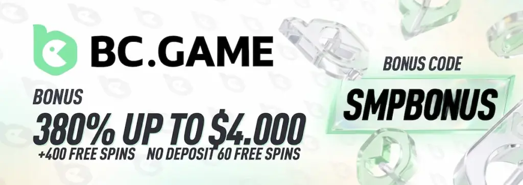 Horizontal BC Game promo code banner highlighting the 380% bonus and explicitly showing the 60 no deposit free spins with SMPBONUS code input.