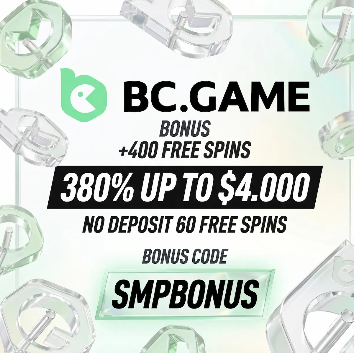 BC Game bonus code SMPBONUS visually promoting the 380% welcome package up to $4,000 and 400 free spins with the exclusive no deposit offer.