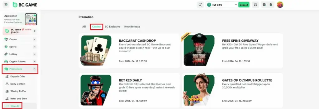 BC Game promotions page dashboard showcasing live casino rewards including Free Spins Giveaway and Baccarat Cashdrop, manually verified in 2026.
