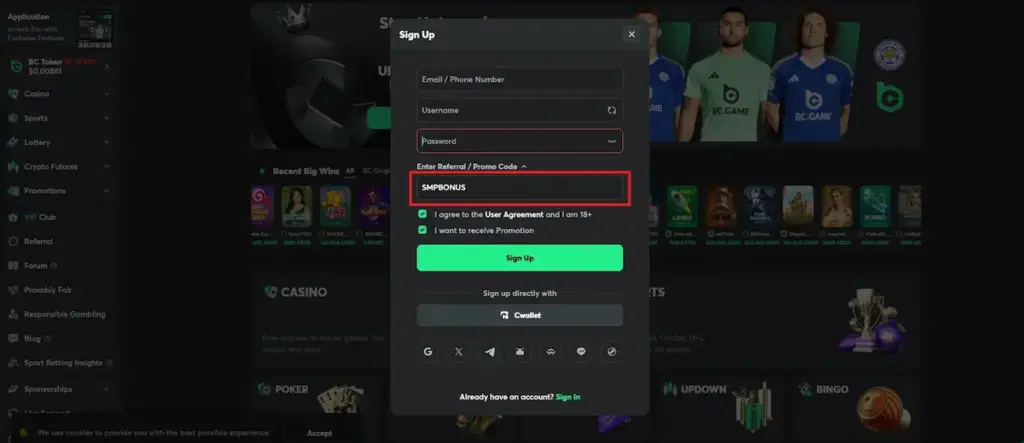 Live screen capture of the BC Game sign-up process, with the dedicated promo code field manually highlighted to show where to enter SMPBONUS for the 60 no deposit spins.