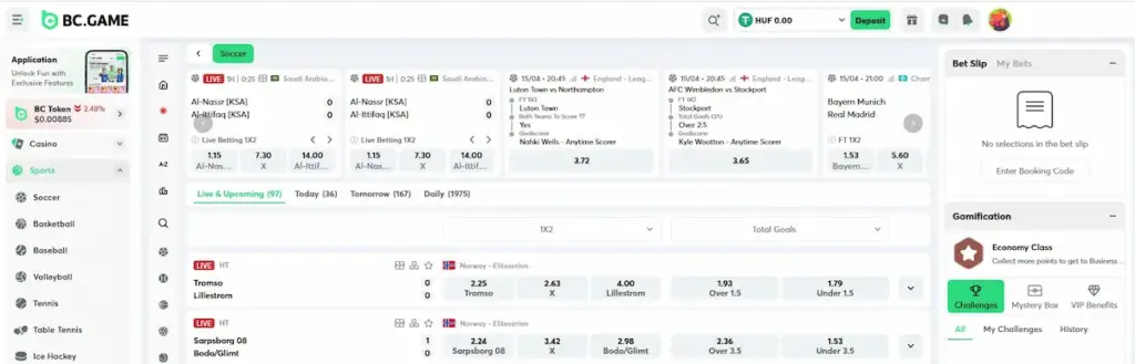 BC Game sportsbook interface showing live football betting markets, odds, and the integrated bet slip verified in 2026.