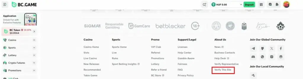 BC Game website footer with the 'Verify This Site' security link highlighted, alongside responsible gambling seals like GamCare and SiGMA.