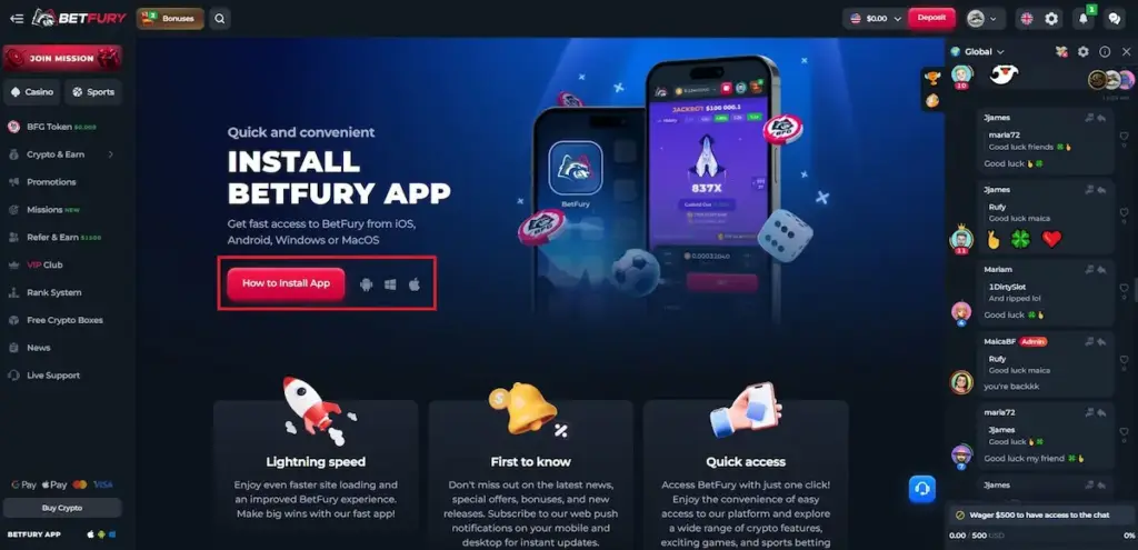 Betfury kasino sąsaja ir žaidimų pasirinkimas ekrano vaizdas