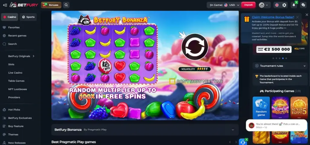 Betfury Bonanza slot game screenshot by Pragmatic Play showing candy-themed reels and 100x random multiplier feature.