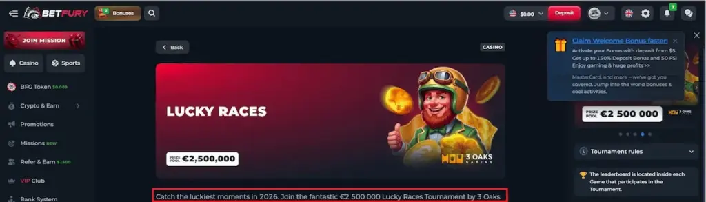 Betfury Lucky Races tournament banner with 2.5 million euro prize pool and 3 Oaks Gaming logo.