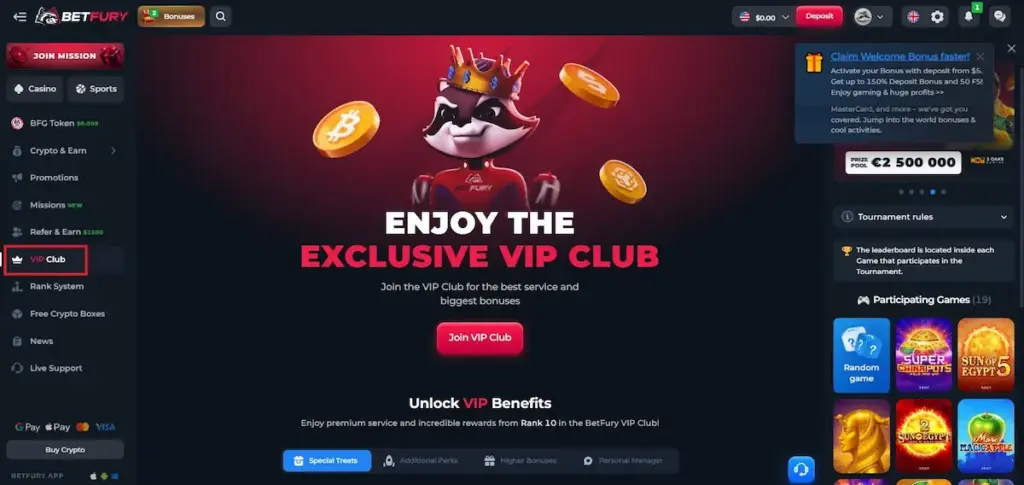 Panel VIP Betfury pokazujący poziomy lojalnościowe i korzyści