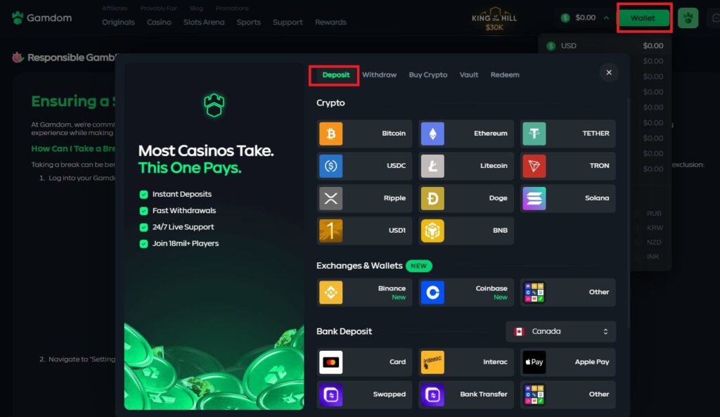 Gamdom deposit methods screenshot showing wallet cashier with crypto, card, Interac and Apple Pay options