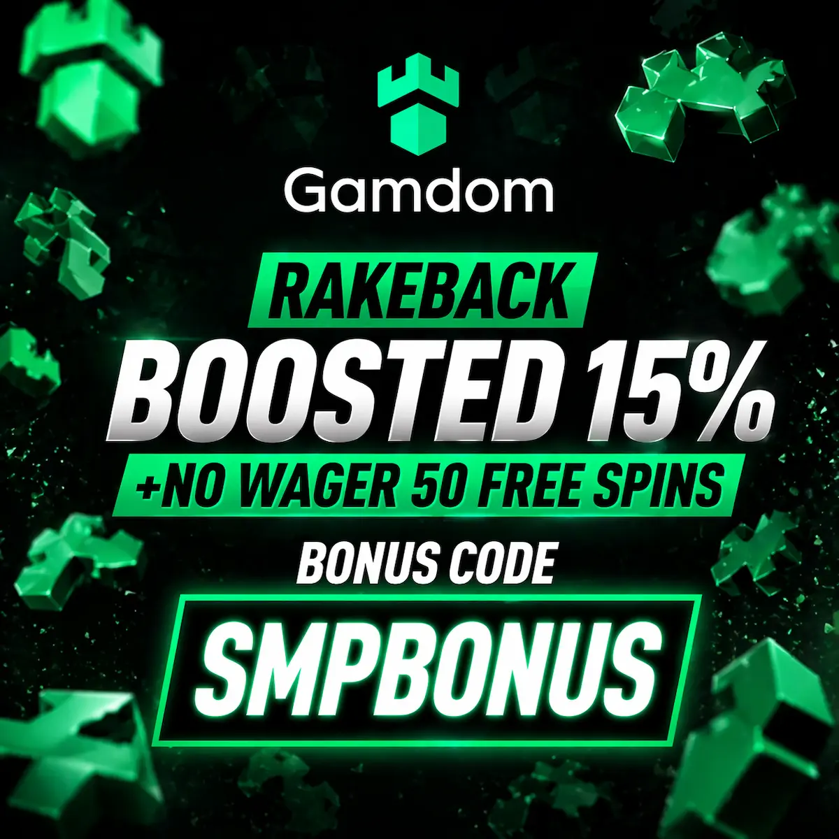 Gamdom review featured banner with 15 percent rakeback 50 free spins and bonus code SMPBONUS