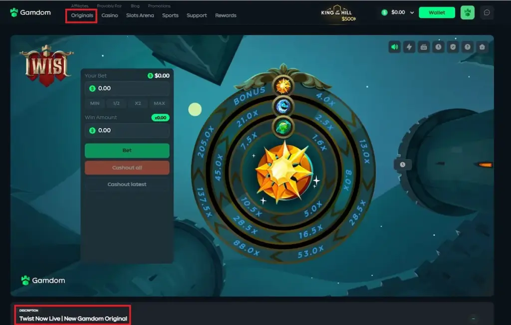 Gamdom review originals game Twist showing multiplier wheel betting controls and live casino gameplay screen