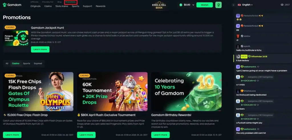 Gamdom review promotions page showing free chips tournaments jackpot hunt and seasonal bonus offers