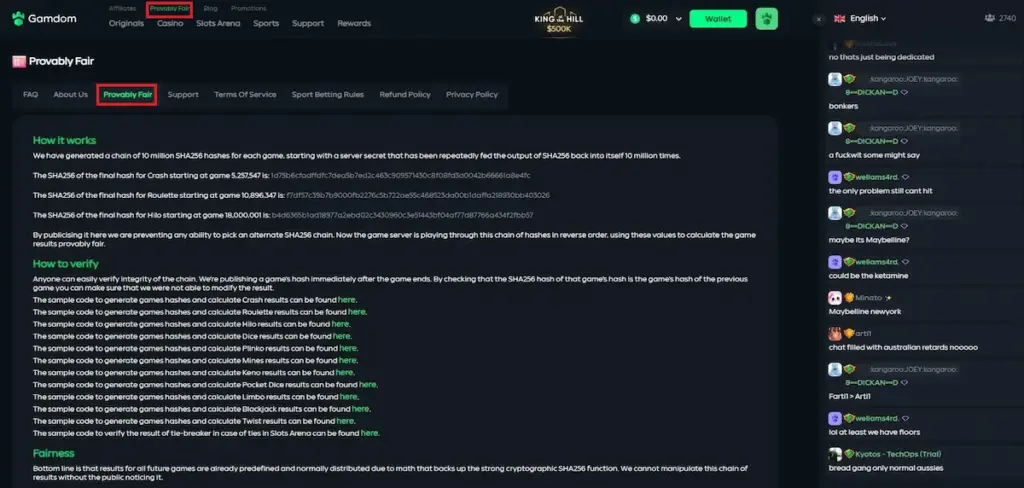 Gamdom review provably fair page showing SHA256 verification system and fairness tools for casino games