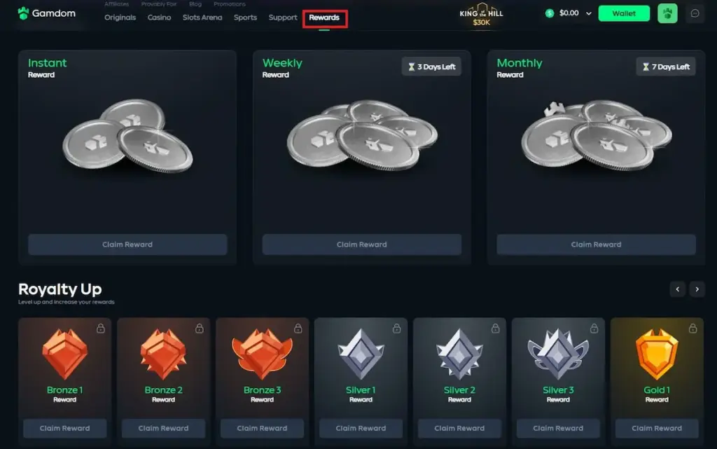 Gamdom review rewards page showing VIP levels, instant rewards, weekly bonuses and monthly cashback