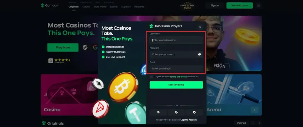 Gamdom casino review sign up form showing account registration with username email and password fields