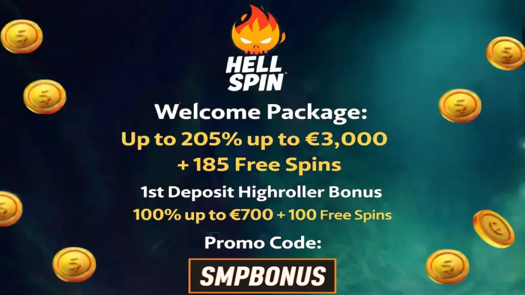 HellSpin Promo Code SMPBONUS 2026 welcome bonus activation banner.