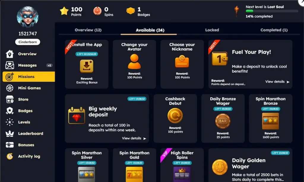 HellSpin daily missions and reward system proof with bonus code SMPBONUS.