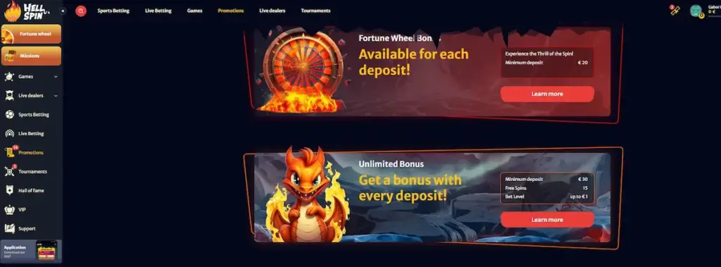 HellSpin promotions page featuring Fortune Wheel and Unlimited Reload Bonus.