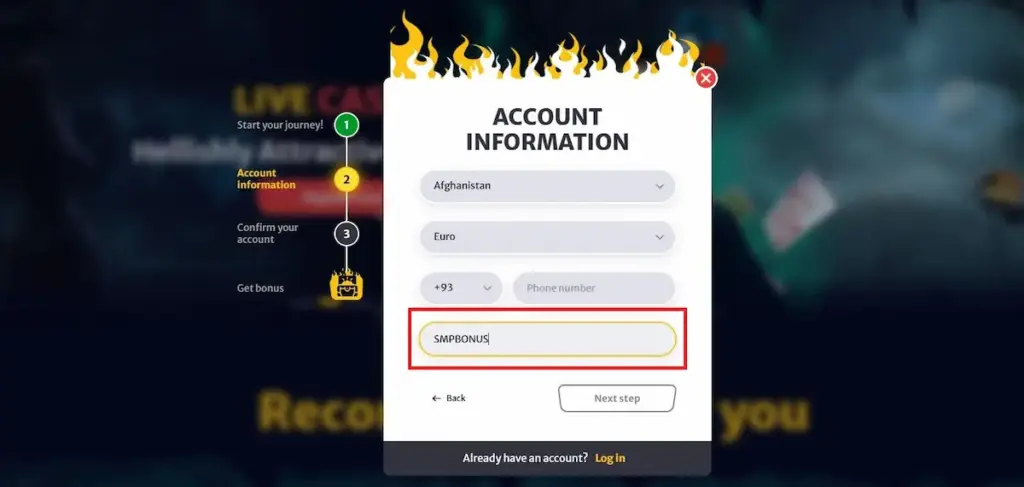 Entering HellSpin bonus code SMPBONUS in registration step 2 form.