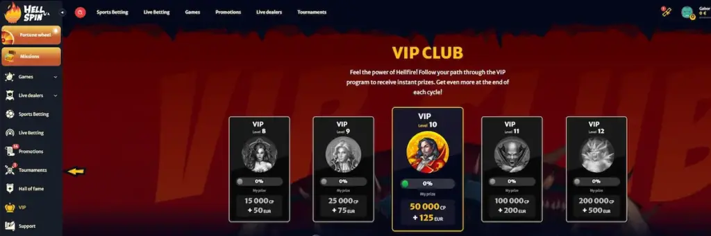 HellSpin VIP level 7-12 rewards and loyalty points proof.