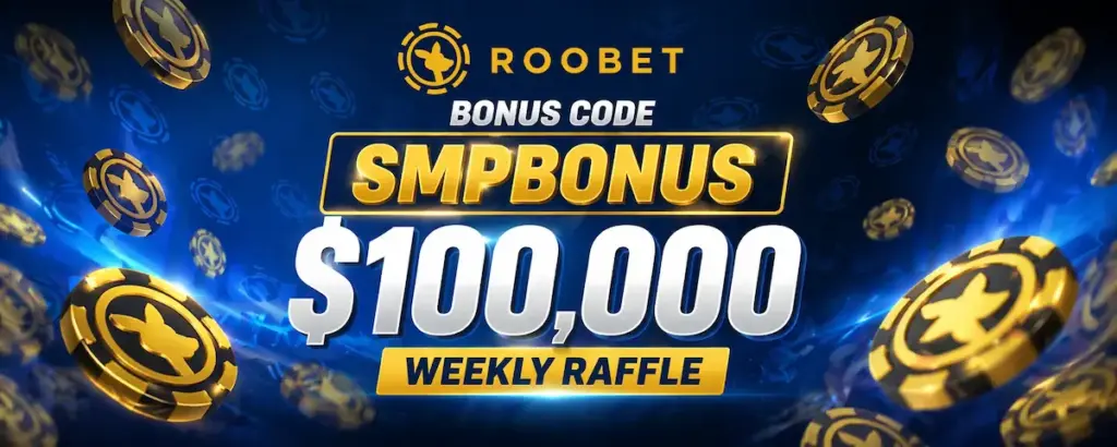 Roobet review 2026 hero image with SMPBONUS bonus code and $100000 weekly raffle promotion