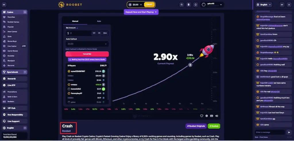 Roobet Crash game screenshot showing original crypto casino game interface and live multiplier round