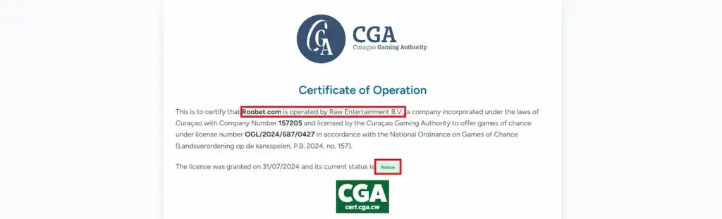 Roobet license screenshot showing Curacao Gaming Authority certificate and operator details